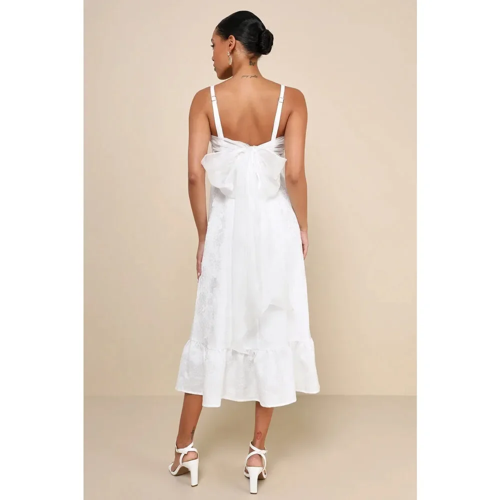 Lulus #32 Major Perfection White Floral Jacquard Midi Dress with Pockets - Picture 2 of 2